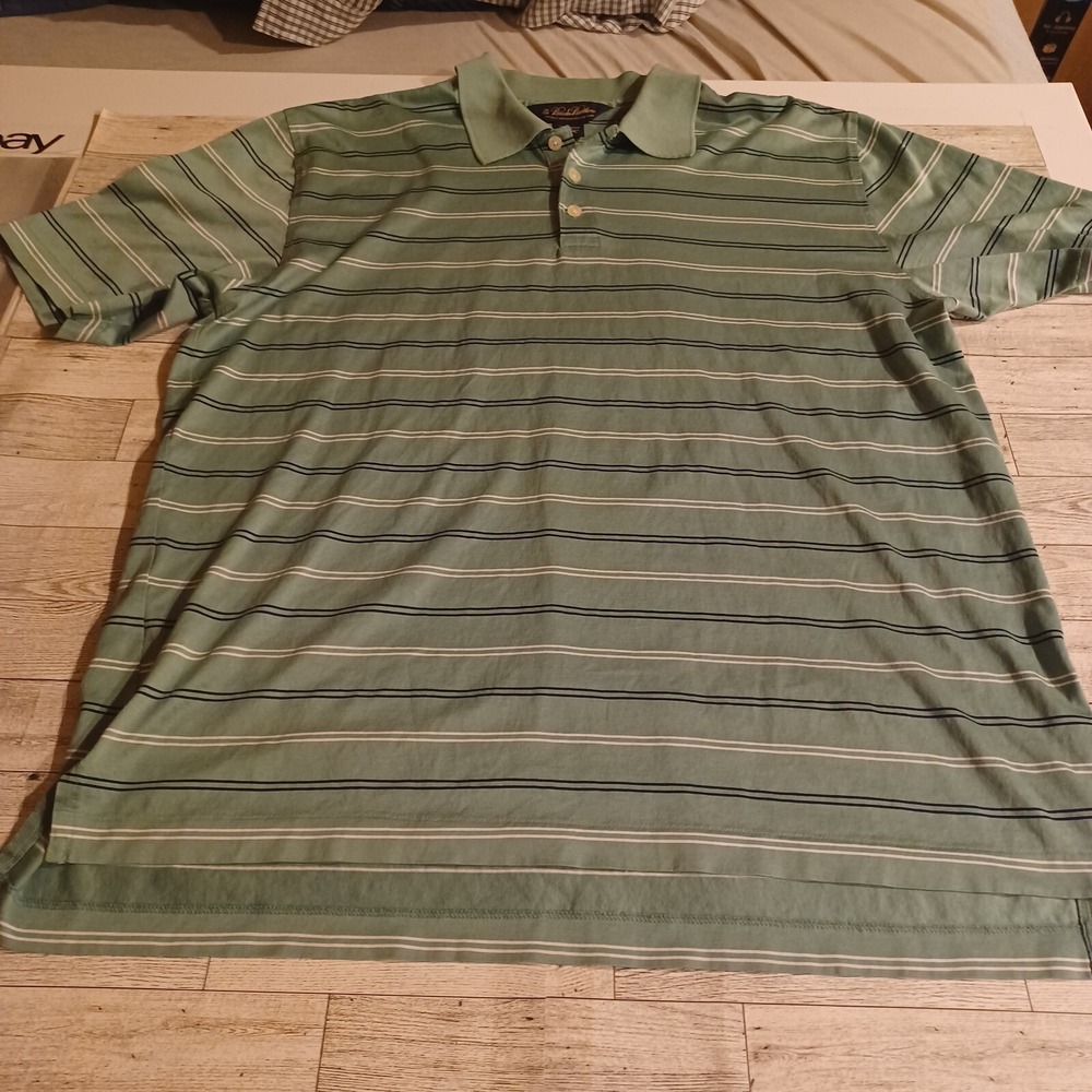 Brooks Brothers Shirt Mens Large Green Striped Short Sleeves Golf Polo Cotton‎